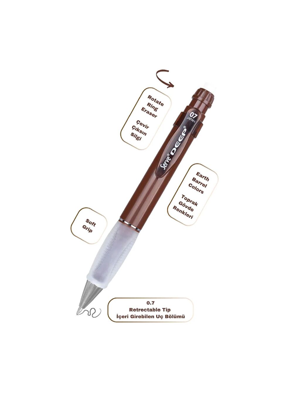 Deep Grip-Silgi Yedekli Mekanik Versatil Uçlu Kalem Yeryüzü Renkleri 0.5-3