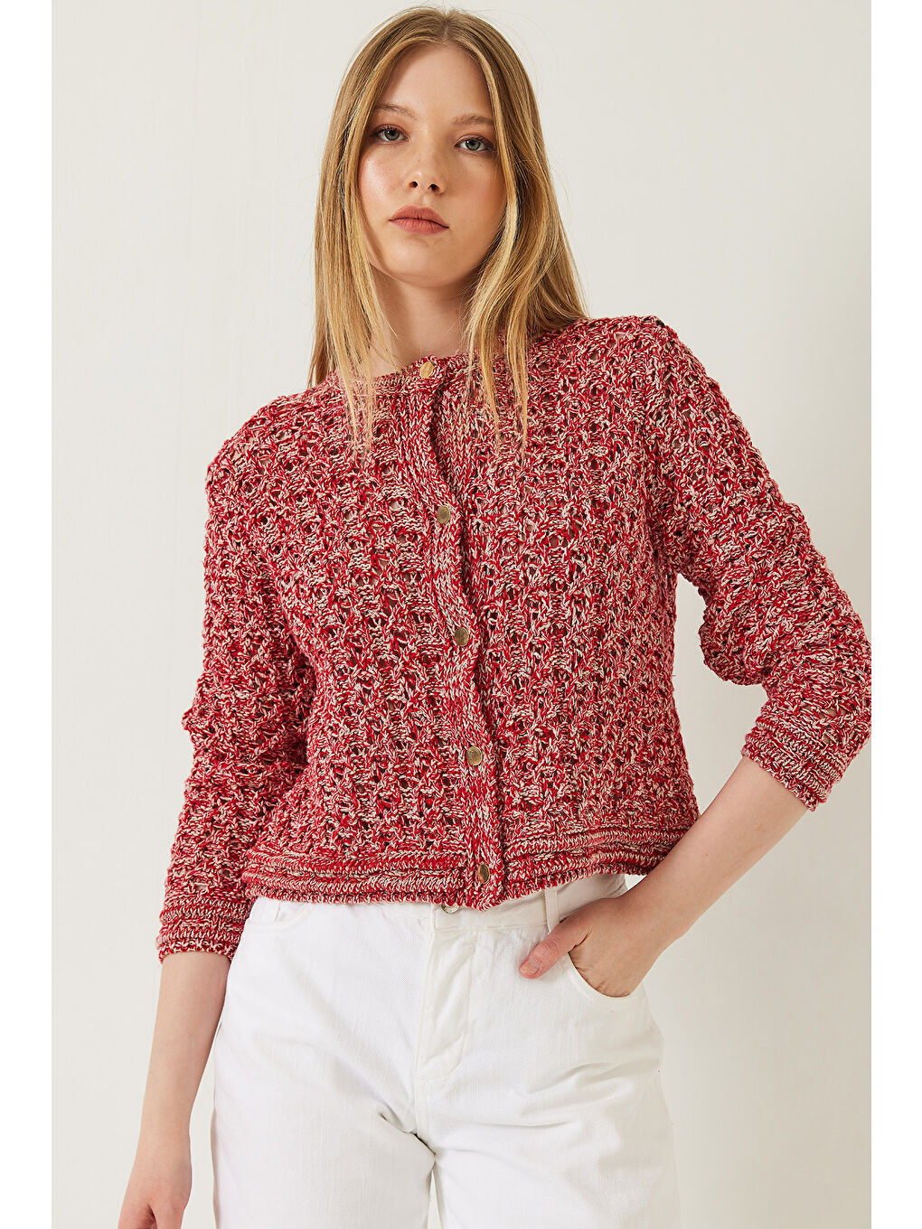 Kırmızı Kadın Ajurlu Simli Triko Hırka-1