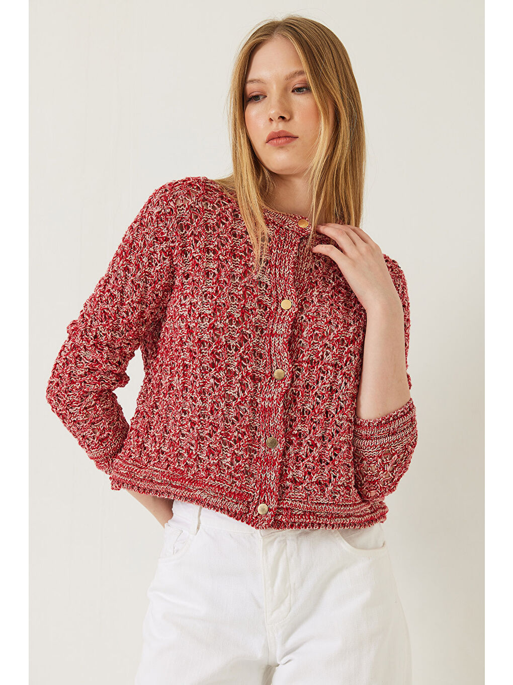 Kırmızı Kadın Ajurlu Simli Triko Hırka-2