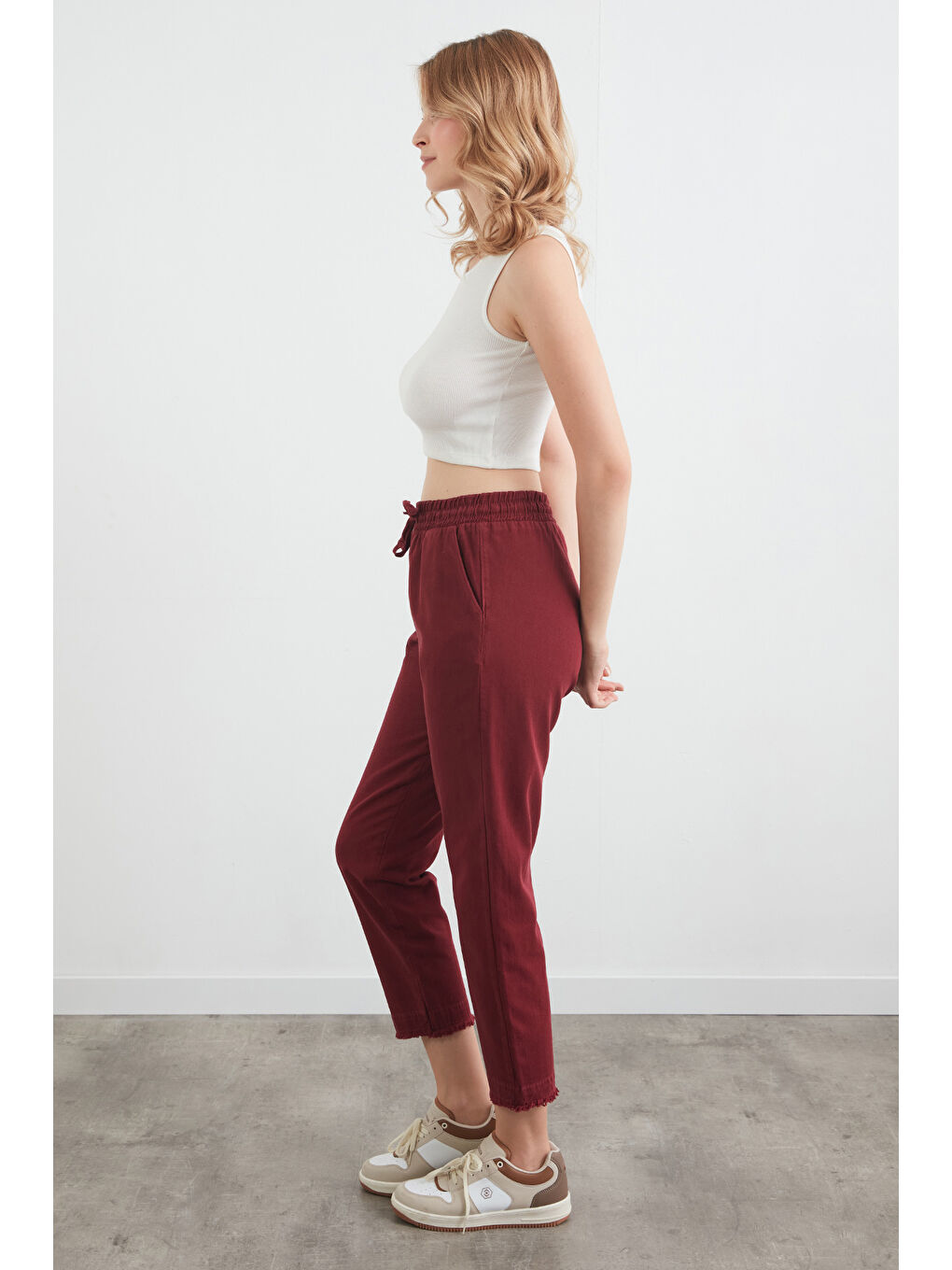 Bordo Yüksek Bel Beli Lastikli Pantolon-2