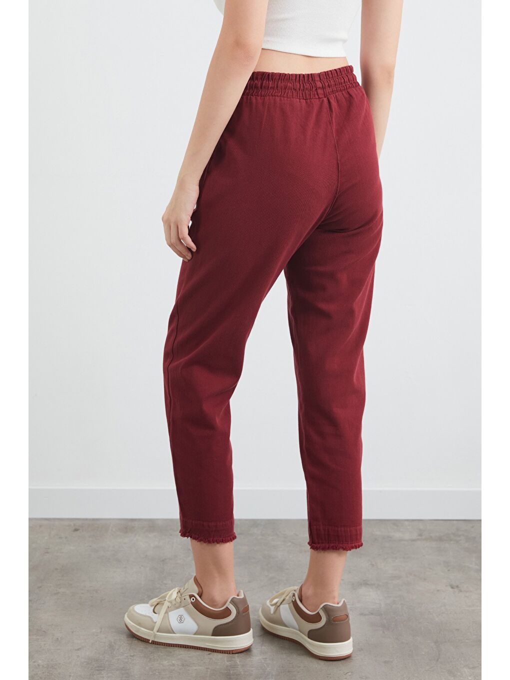 Bordo Yüksek Bel Beli Lastikli Pantolon-3