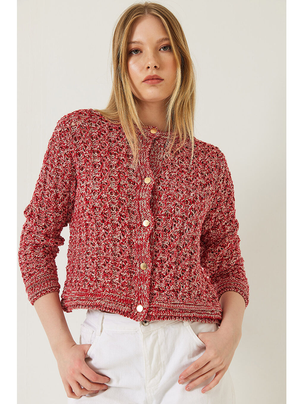 Kırmızı Kadın Ajurlu Simli Triko Hırka-3