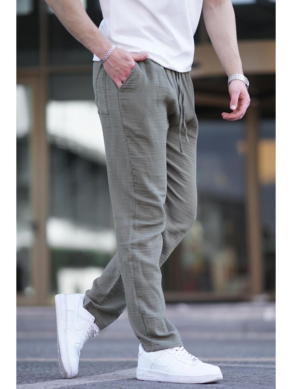 Koyu Yeşil Müslin Kumaş Erkek Basic %100 Pamuk Pantolon 6507-1