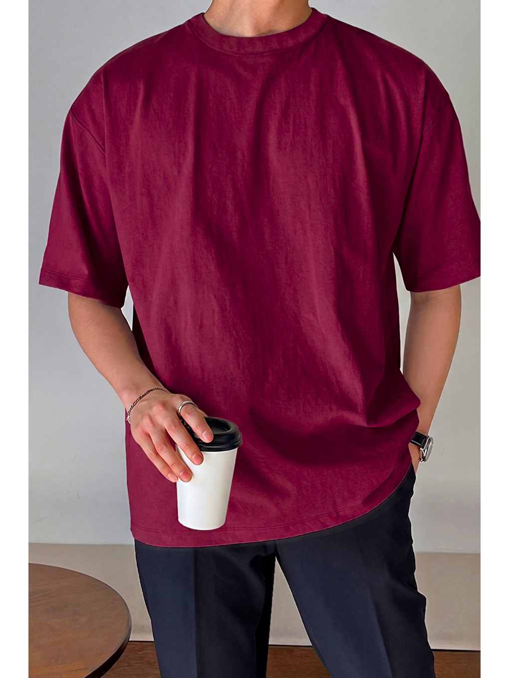 Bordo Erkek Oversize Tişört Pamuk Kumaş Bisiklet Yaka Rahat Kalıp T-shirt
