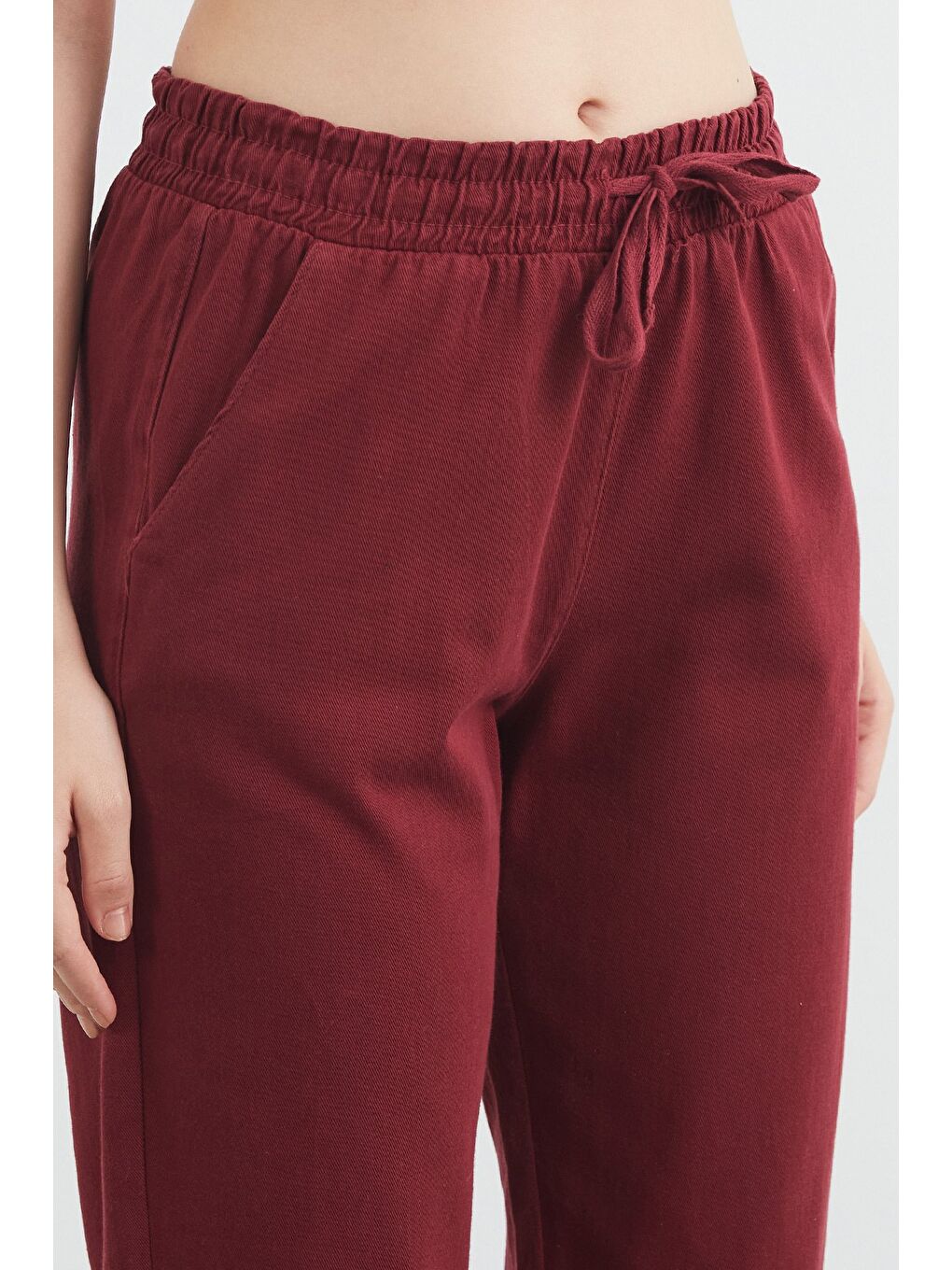 Bordo Yüksek Bel Beli Lastikli Pantolon-4