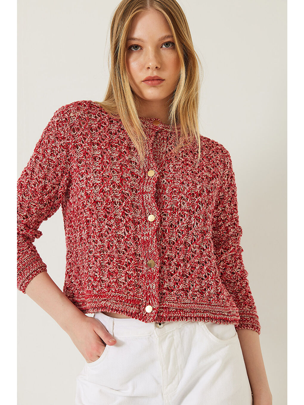 Kırmızı Kadın Ajurlu Simli Triko Hırka-4