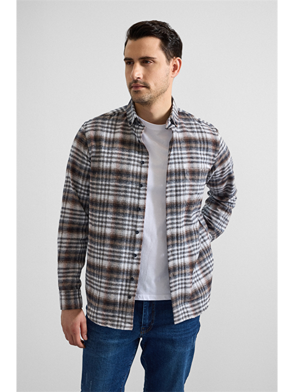 Kahverengi Kiremit Regular Düğmeli Yaka Kareli Casual Gömlek-2
