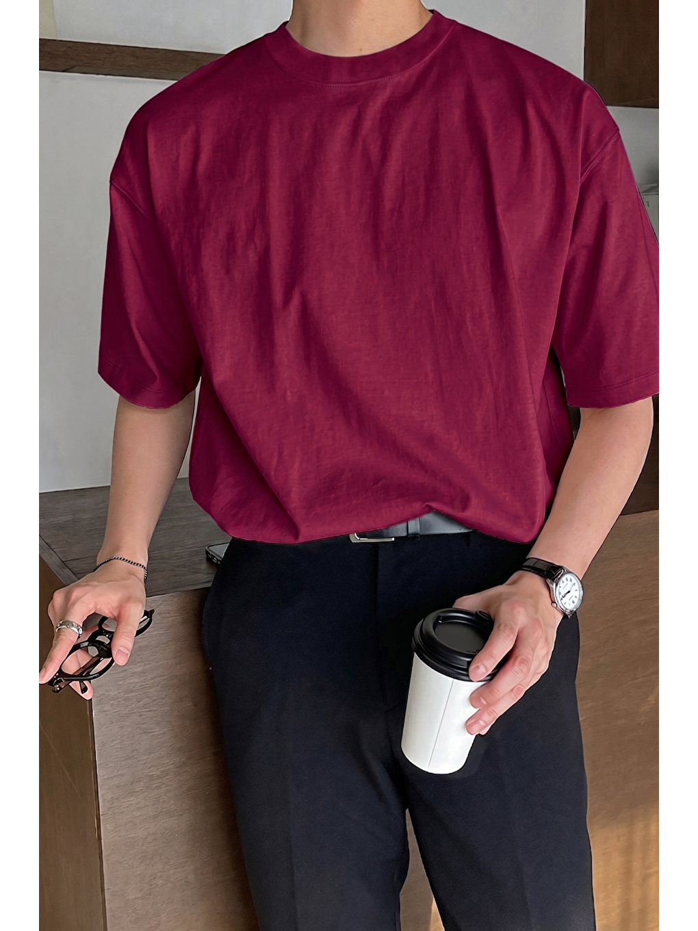 Bordo Erkek Oversize Tişört Pamuk Kumaş Bisiklet Yaka Rahat Kalıp T-shirt-1