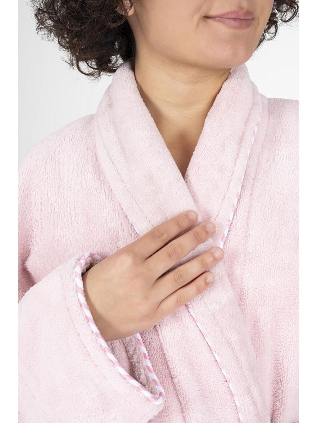 Pembe Biyeli Şal Yaka Bambu Bornoz Pudra-2