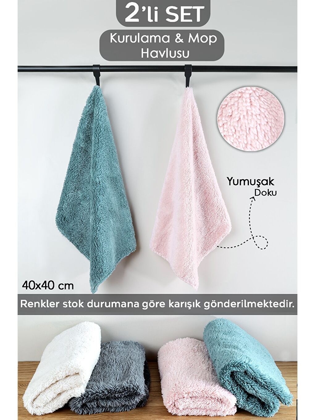 2'li Temizlik Kurulama Bezi Banyo Mutfak Araç Kurulama Havlusu Mop Bezi 40x40 cm Karışık Renkli