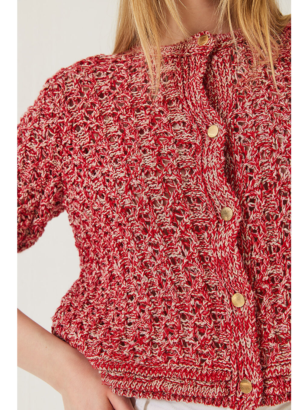 Kırmızı Kadın Ajurlu Simli Triko Hırka-5