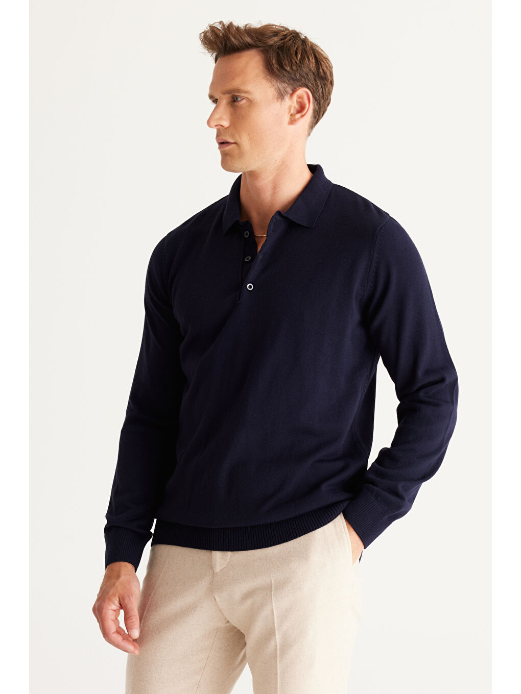 Erkek Lacivert Tüylenme Yapmayan Anti Pilling Kumaş Standart Fit Polo Yaka Triko-4