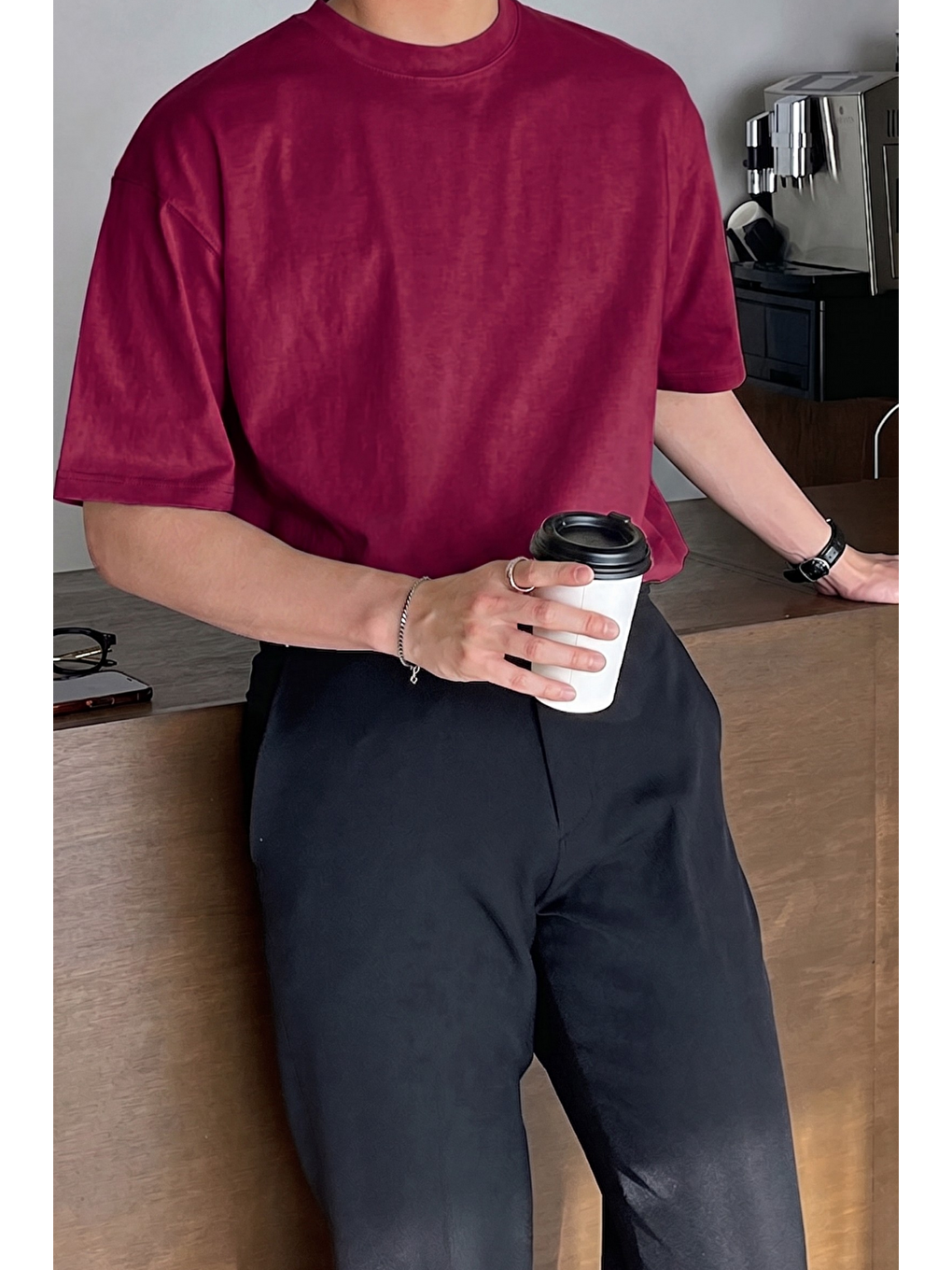 Bordo Erkek Oversize Tişört Pamuk Kumaş Bisiklet Yaka Rahat Kalıp T-shirt-2