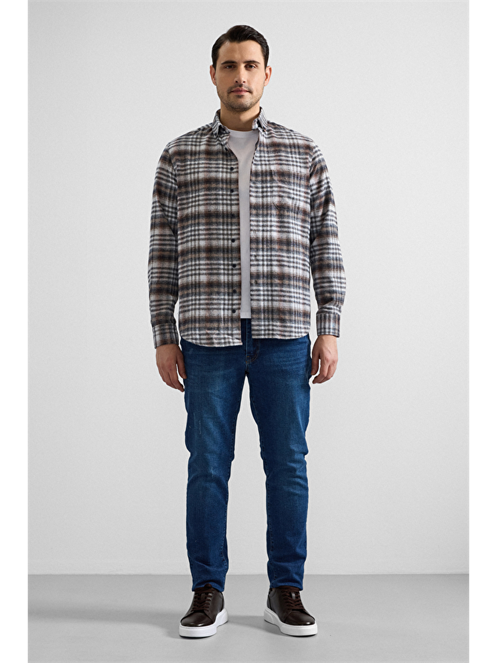 Kahverengi Kiremit Regular Düğmeli Yaka Kareli Casual Gömlek-4