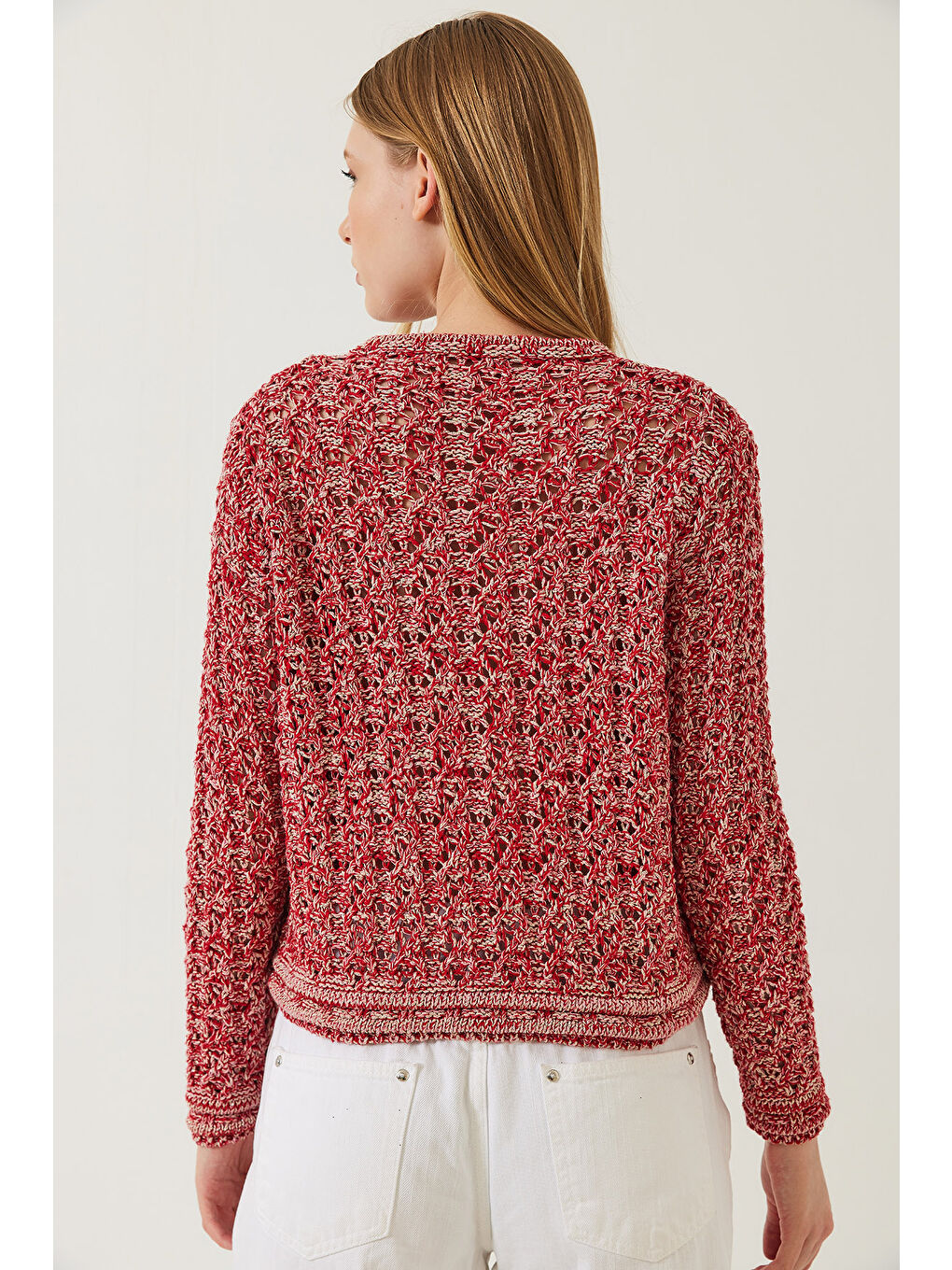 Kırmızı Kadın Ajurlu Simli Triko Hırka-6