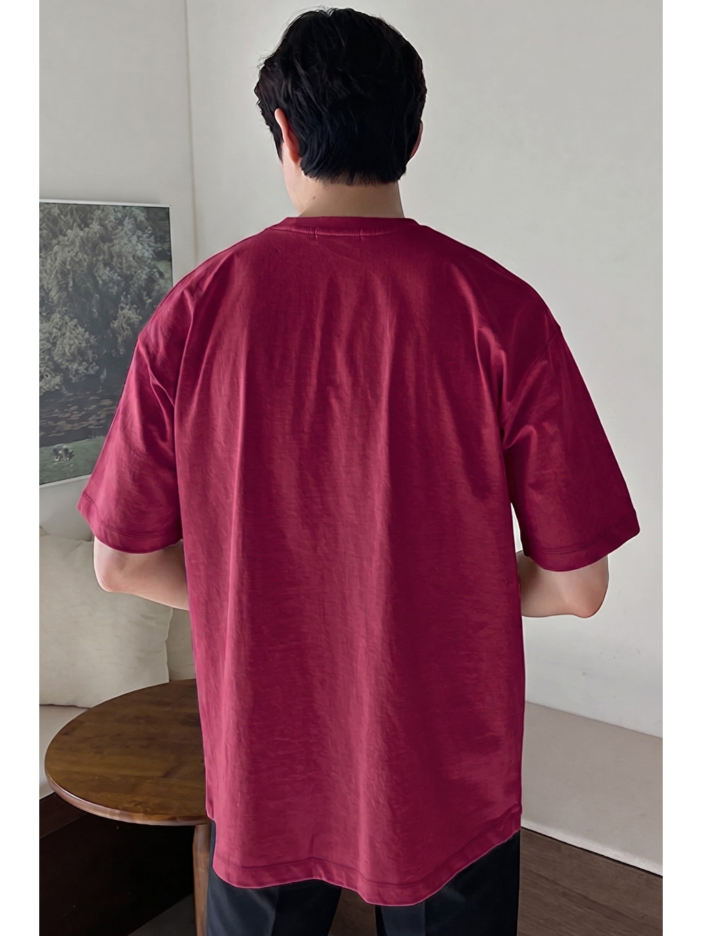 Bordo Erkek Oversize Tişört Pamuk Kumaş Bisiklet Yaka Rahat Kalıp T-shirt-3