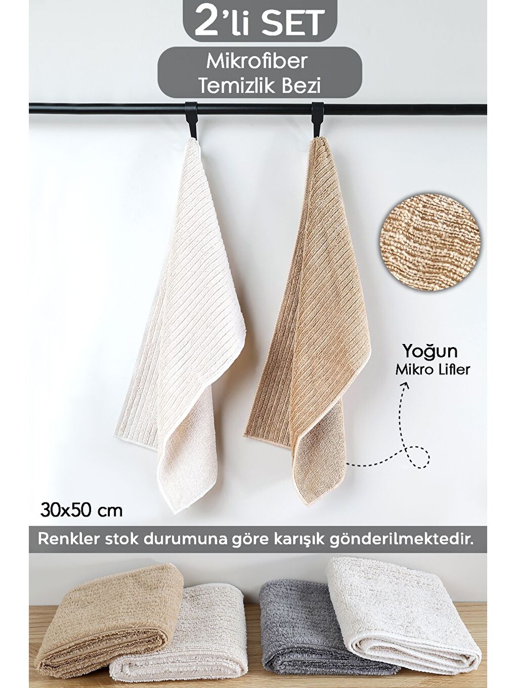 2'li Mikrofiber Temizlik Bezi Araba Cam Mutfak Banyo Tezgah Temizlik Bezi 30x50 cm Karışık Renkli