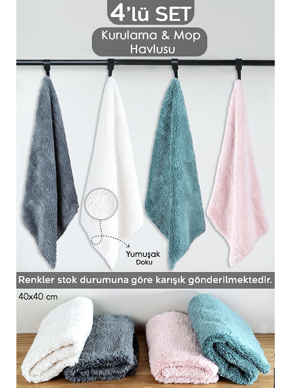 4'lü Temizlik Kurulama Bezi Banyo Mutfak Araç Kurulama Havlusu Mop Bezi 40x40 cm Karışık Renkli