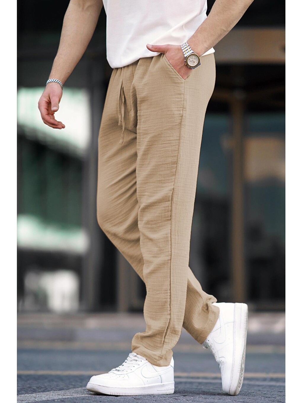 Kahverengi Camel Müslin Kumaş Erkek Basic Pantolon 6507