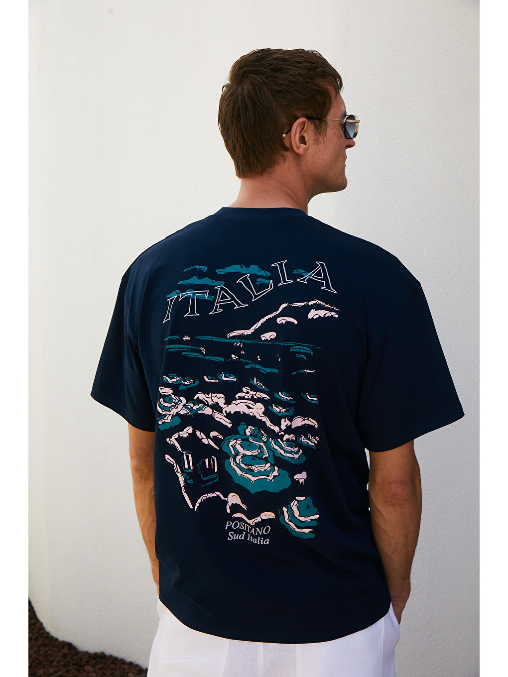 Lacivert ITALIA Erkek %100 Organik Pamuk Ön Arka Baskı Detaylı Oversize Kısa Kol LACİVERT T-Shirt-1
