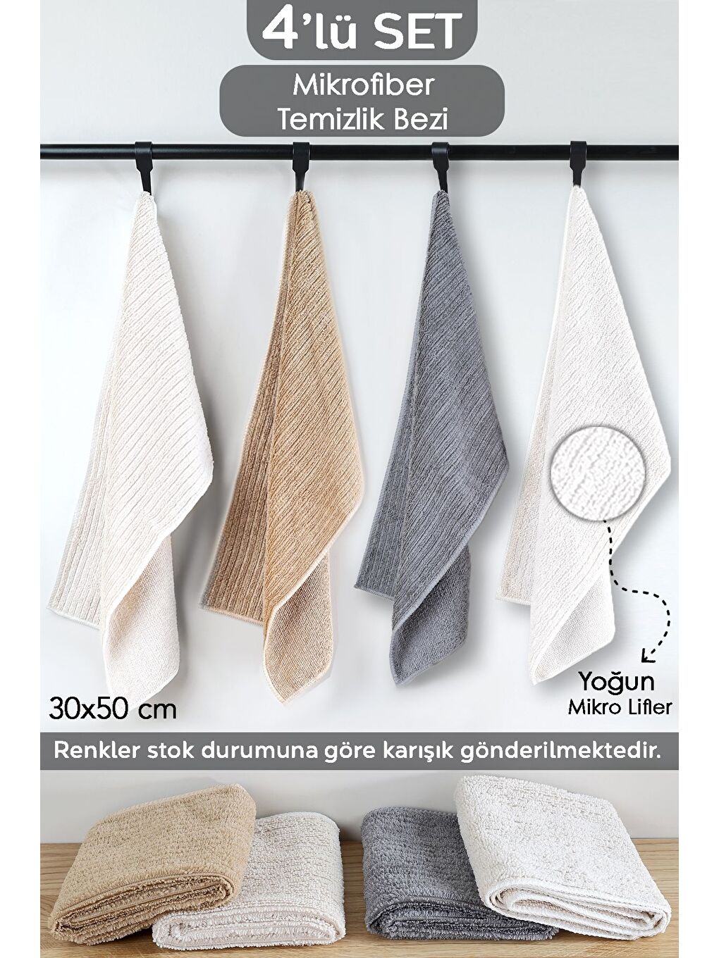 4'lü Mikrofiber Temizlik Bezi Araba Cam Mutfak Banyo Tezgah Temizlik Bezi 30x50 cm Karışık Renkli