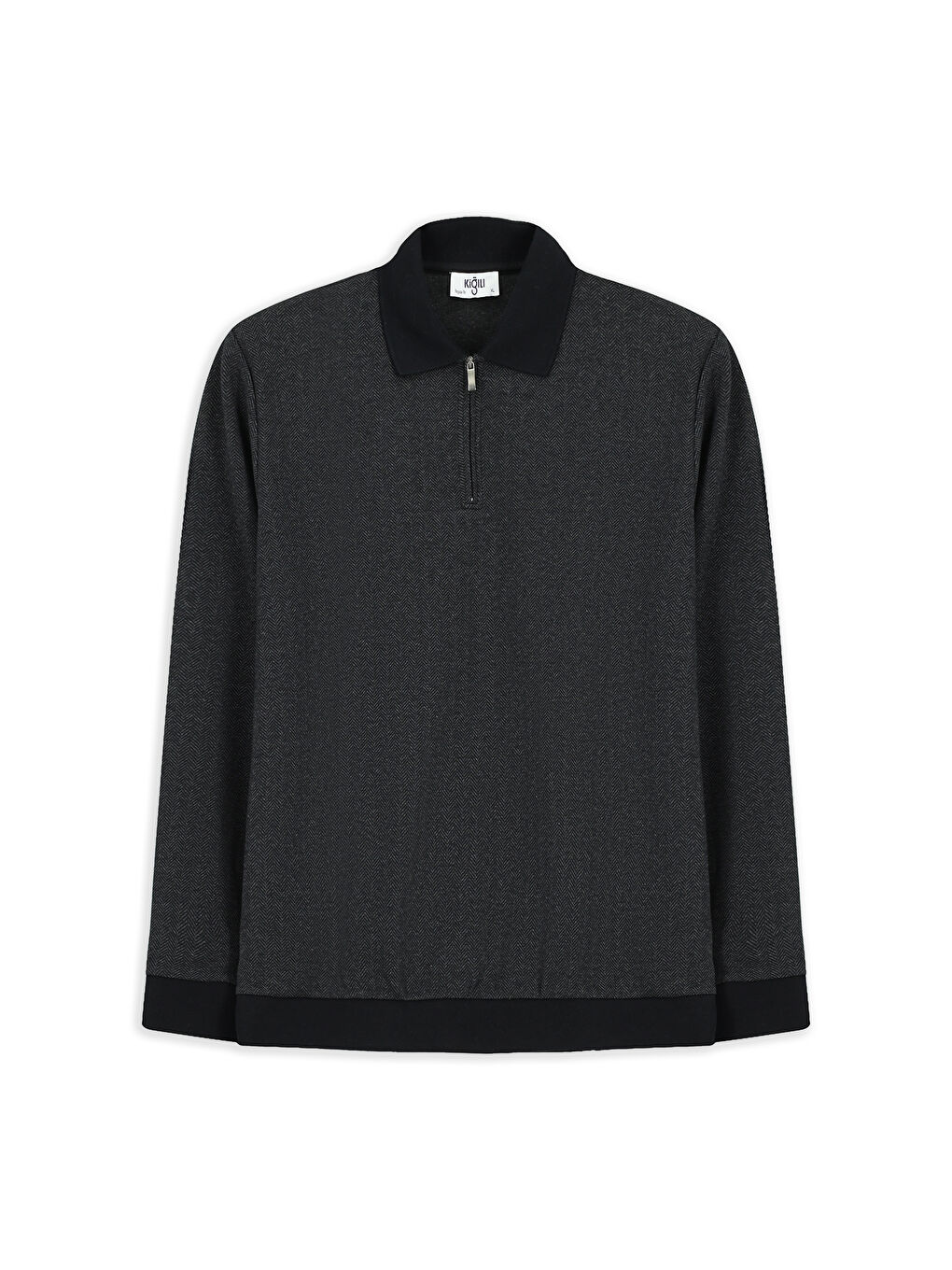 Siyah Polo Yaka Regular Fit Desenli Fermuarlı Pamuklu Sweatshirt