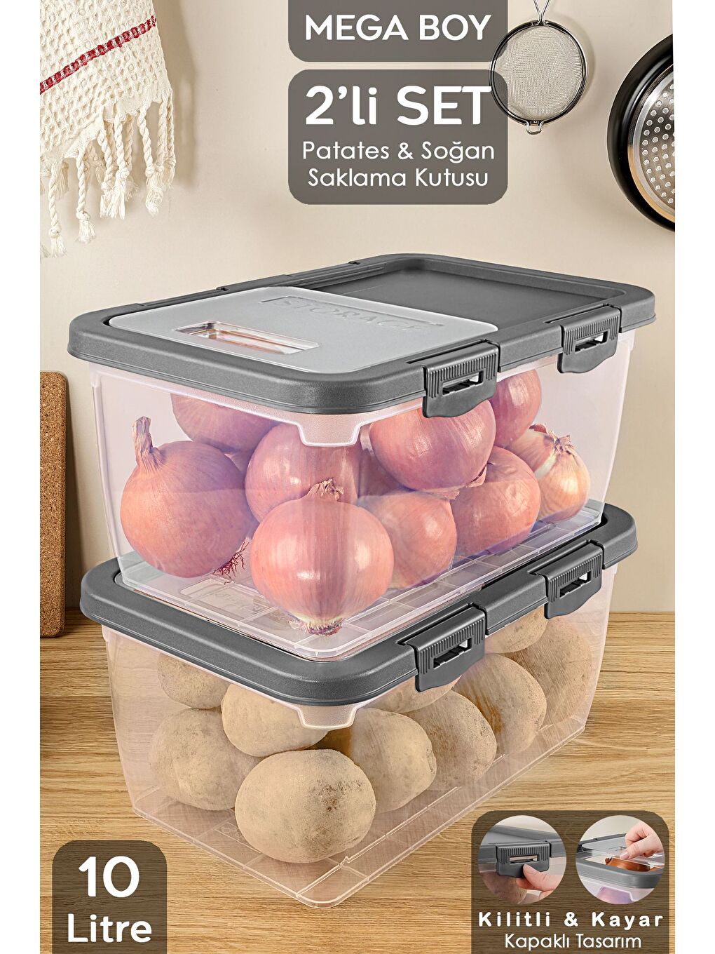2 Adet Patates Soğan Kutusu Kayar Kapaklı Sebzelik Patates Soğanlık Saklama Kabı Gri 10 Lt