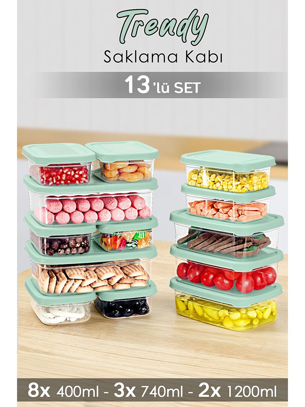 13lü Dikdörtgen Erzak Saklama Kabı Seti Mikrodalgaya Uygun Düzenleyici Organizer Erzak Kabı Yeşil