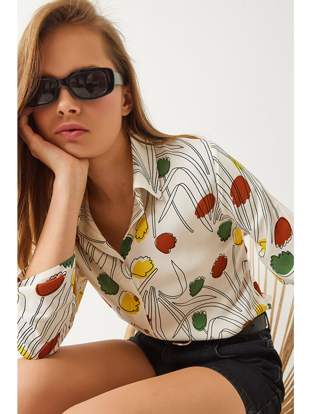 Lila Kadın Multi Desenli Kol Katlamalı Viscon Gömlek