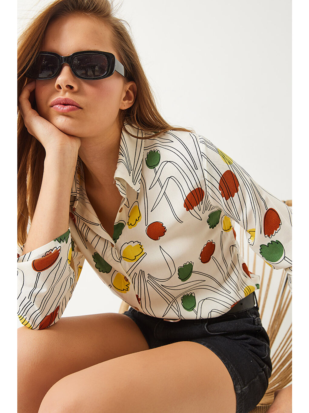 Lila Kadın Multi Desenli Kol Katlamalı Viscon Gömlek-1