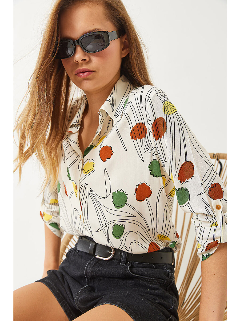 Lila Kadın Multi Desenli Kol Katlamalı Viscon Gömlek-2