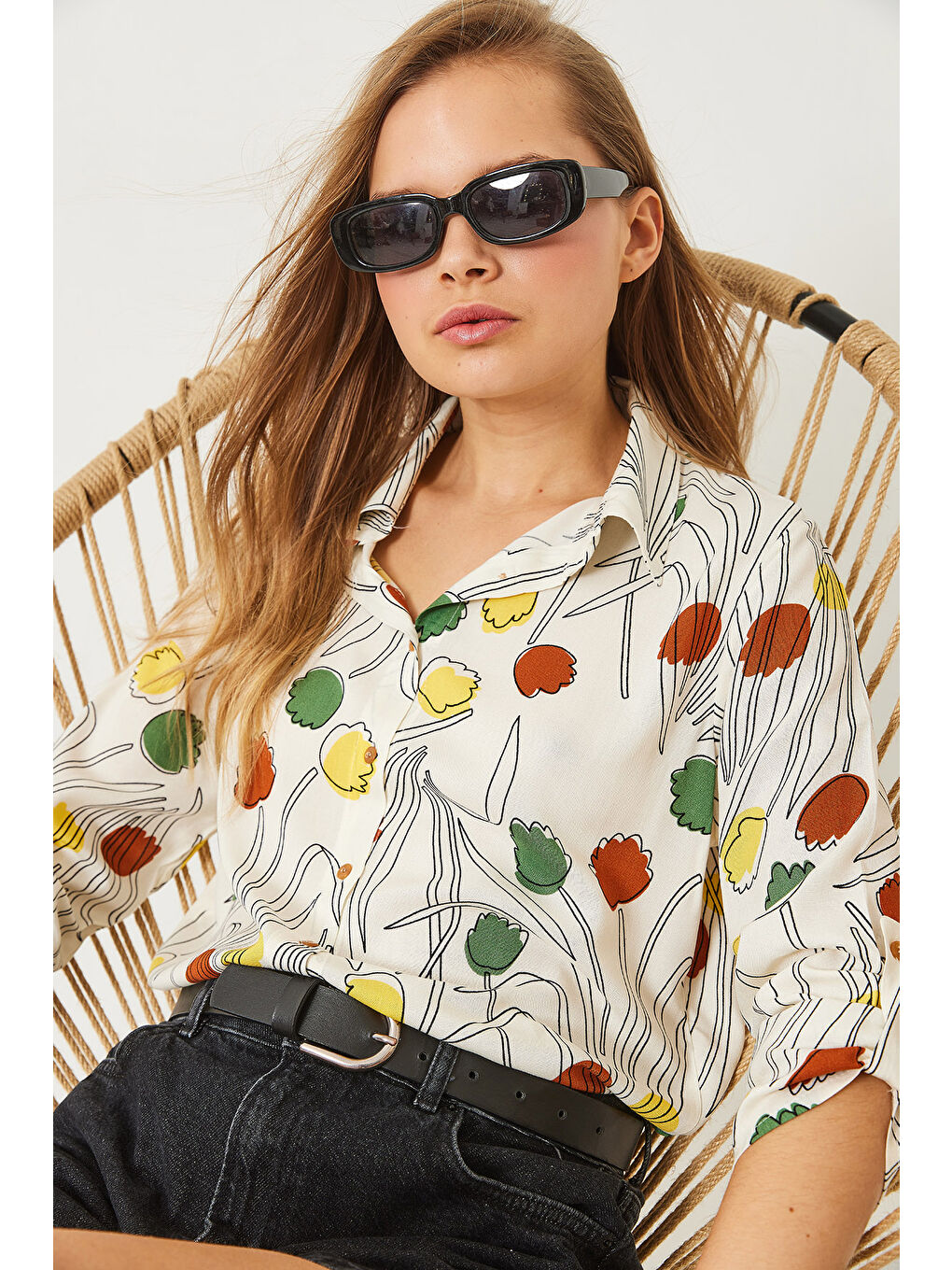 Lila Kadın Multi Desenli Kol Katlamalı Viscon Gömlek-3