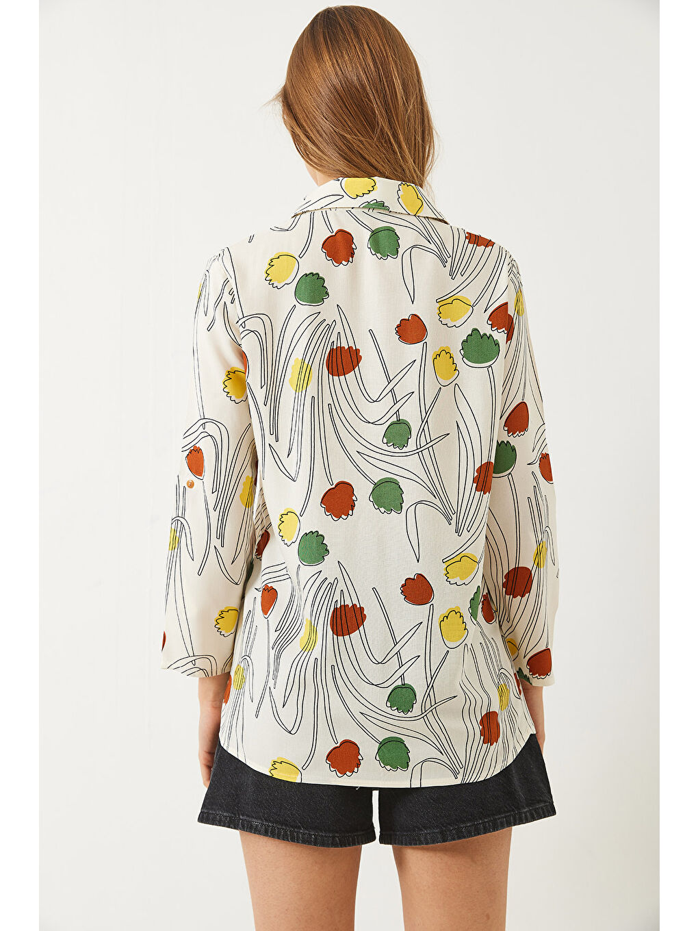 Lila Kadın Multi Desenli Kol Katlamalı Viscon Gömlek-5