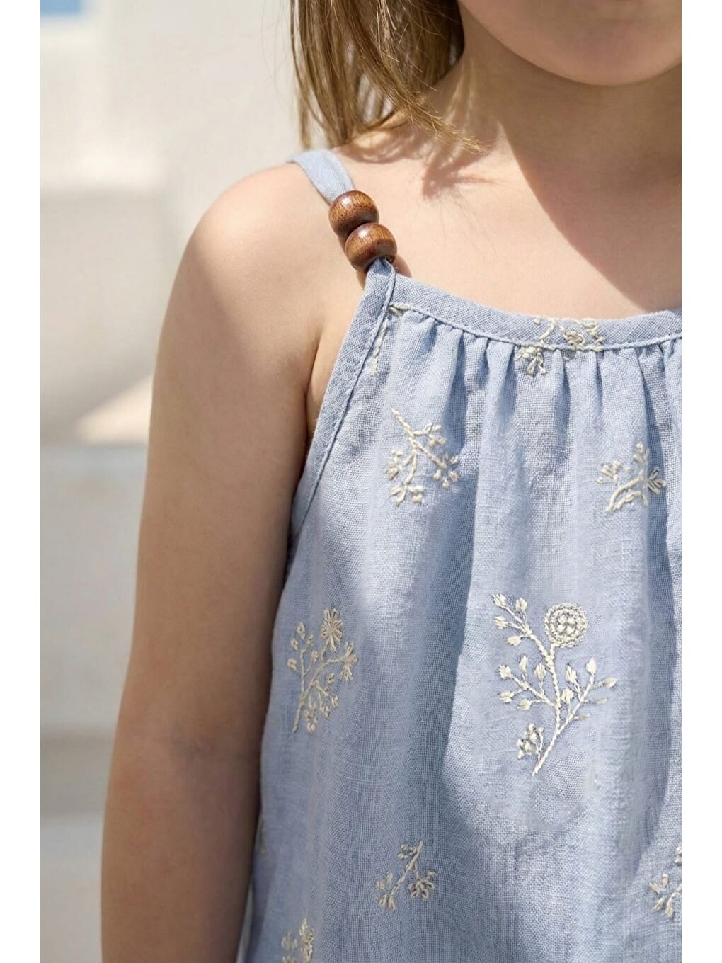 Kız Çocuk Nakış Detaylı Askılı Elbise - Mavi-1