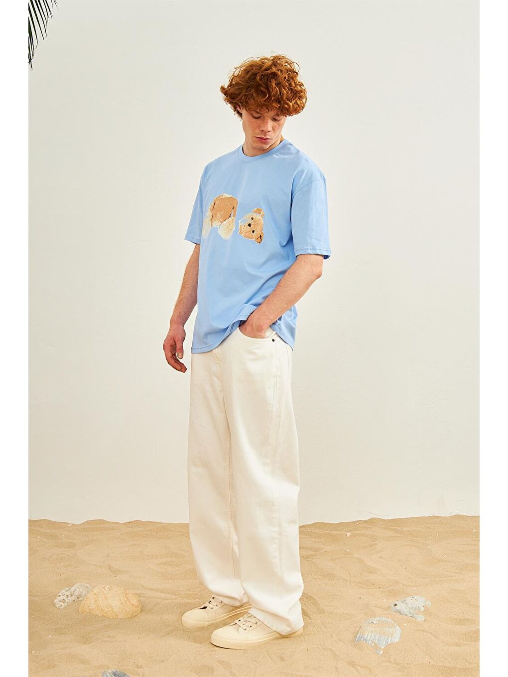 Erkek Ayıcık Baskılı Oversize Tişört Mavi-1