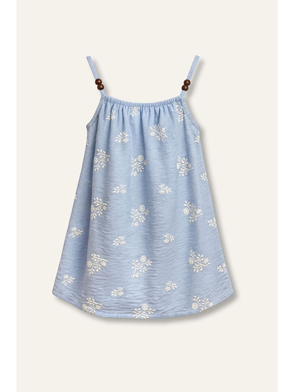 Kız Çocuk Nakış Detaylı Askılı Elbise - Mavi-3
