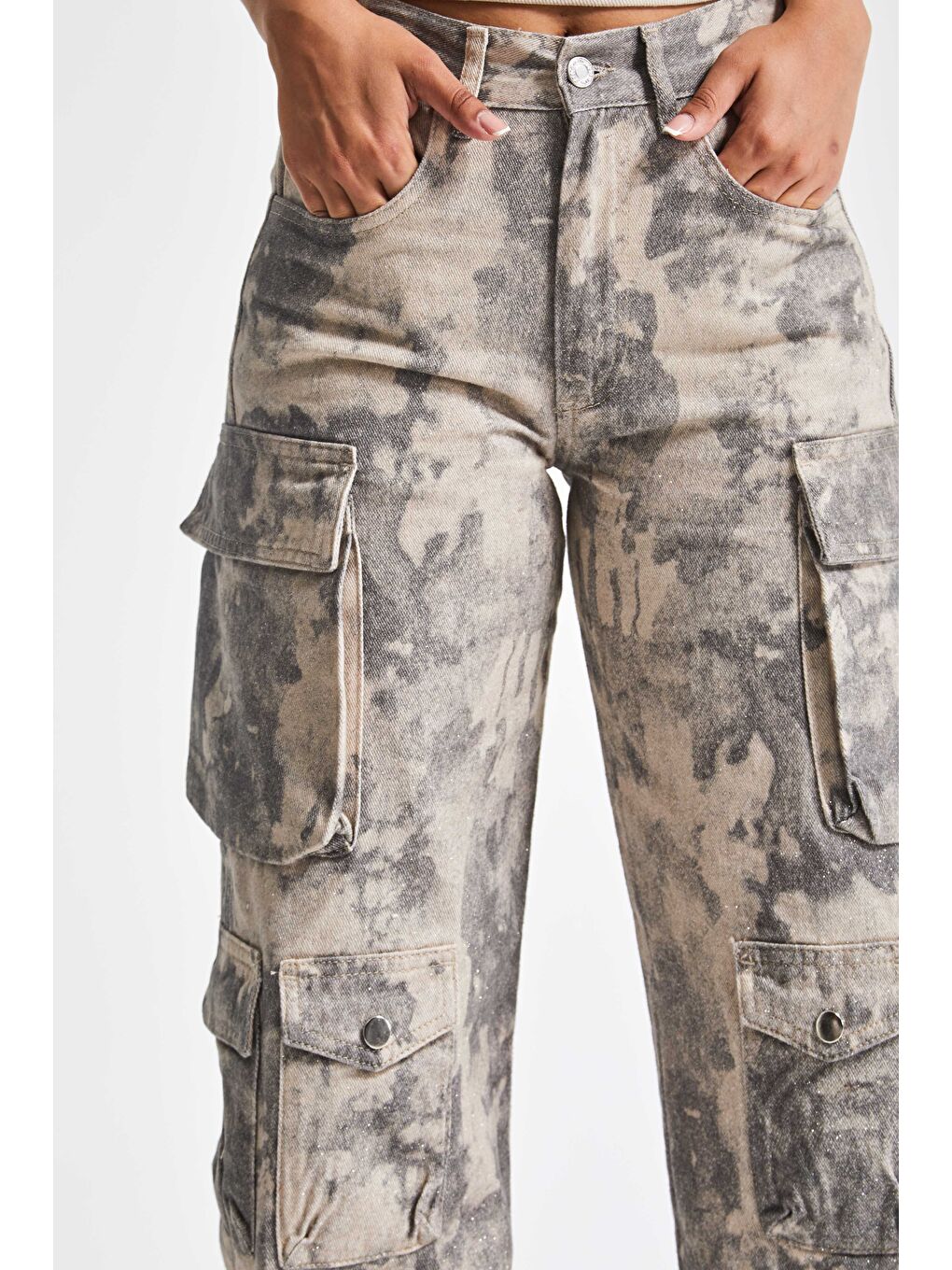 Kahverengi Kadın Kamuflaj Renk 7w5-28 Straight Kargo Fit Simli Özel Kumaş Tasarım Denim Jean-4