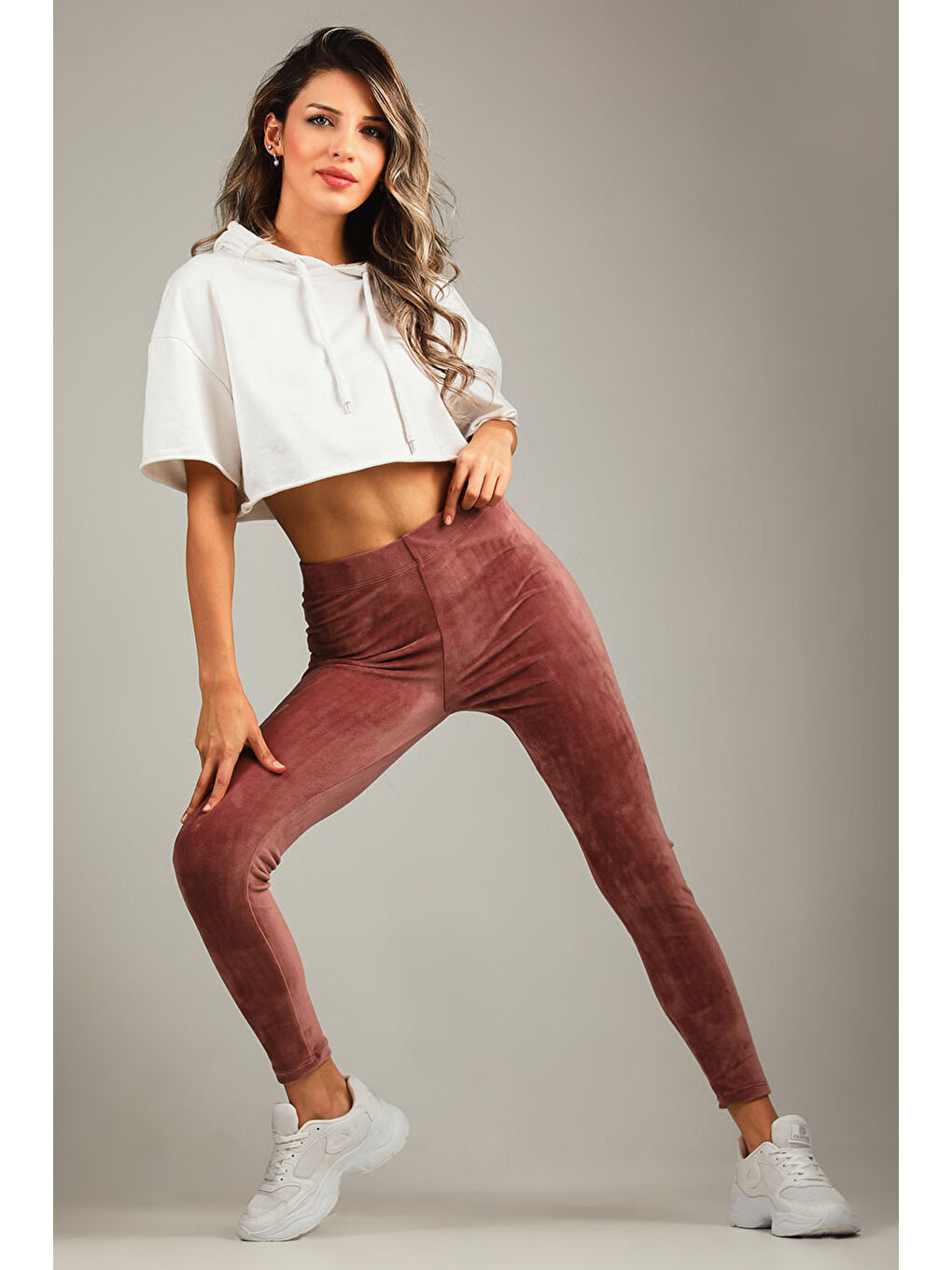 Pembe Kadın Yüksek Bel Kadife Tayt-4