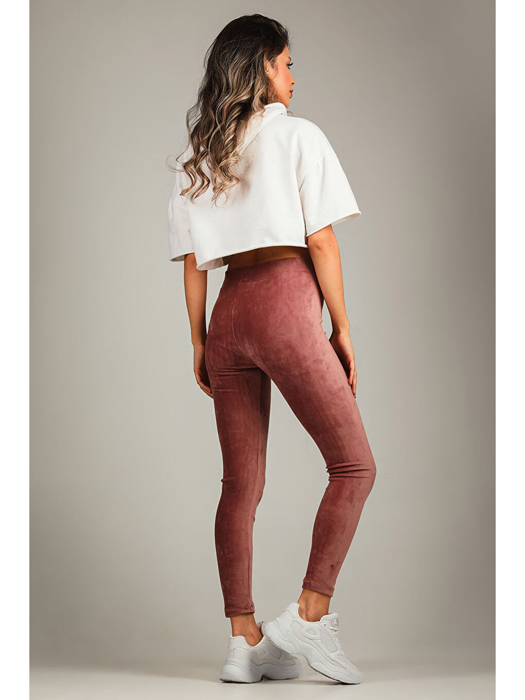 Pembe Kadın Yüksek Bel Kadife Tayt-5