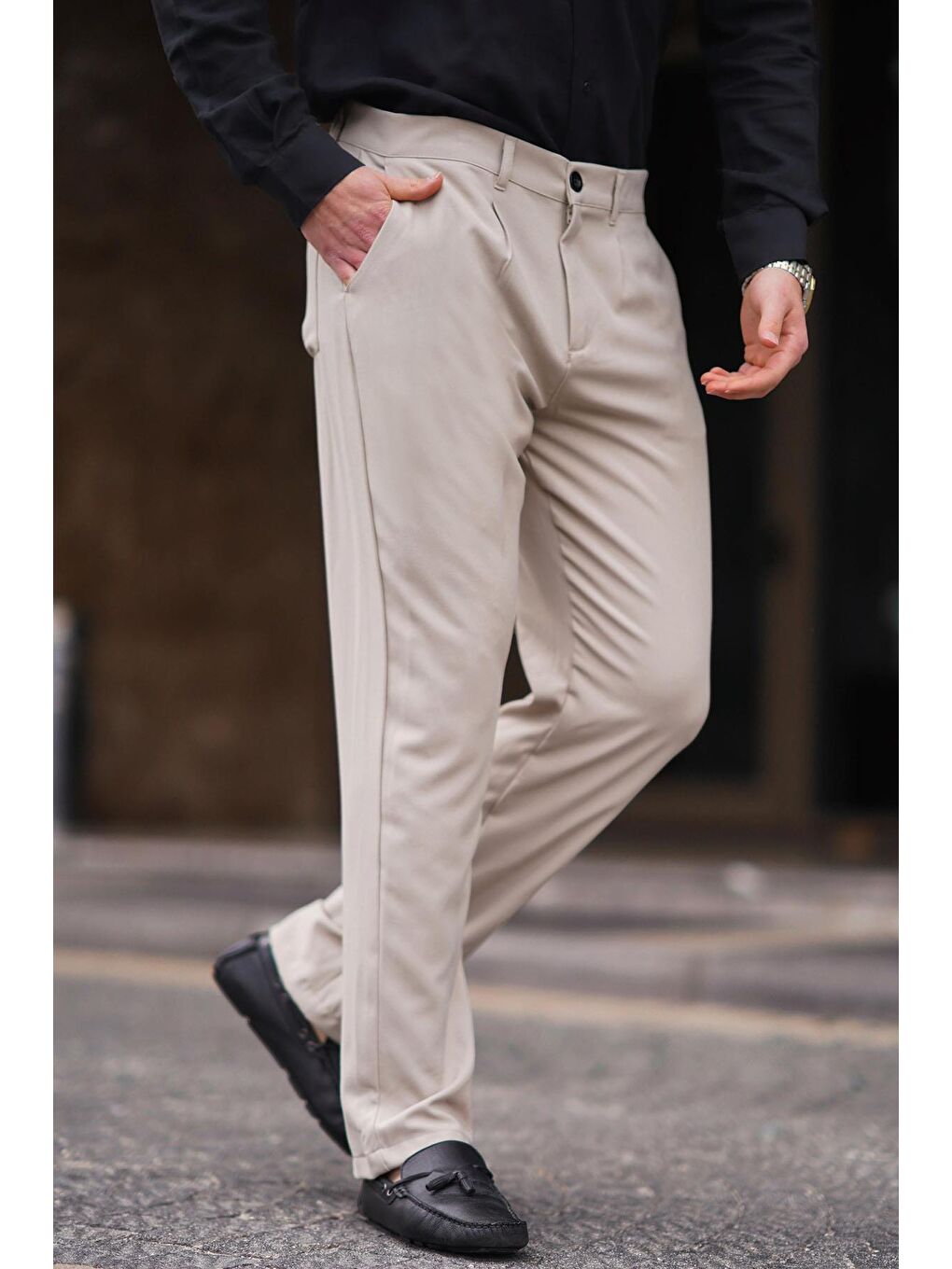 Bej Regular Fit Düz Kesim Yan Cepli Erkek Pantolon 6540-3