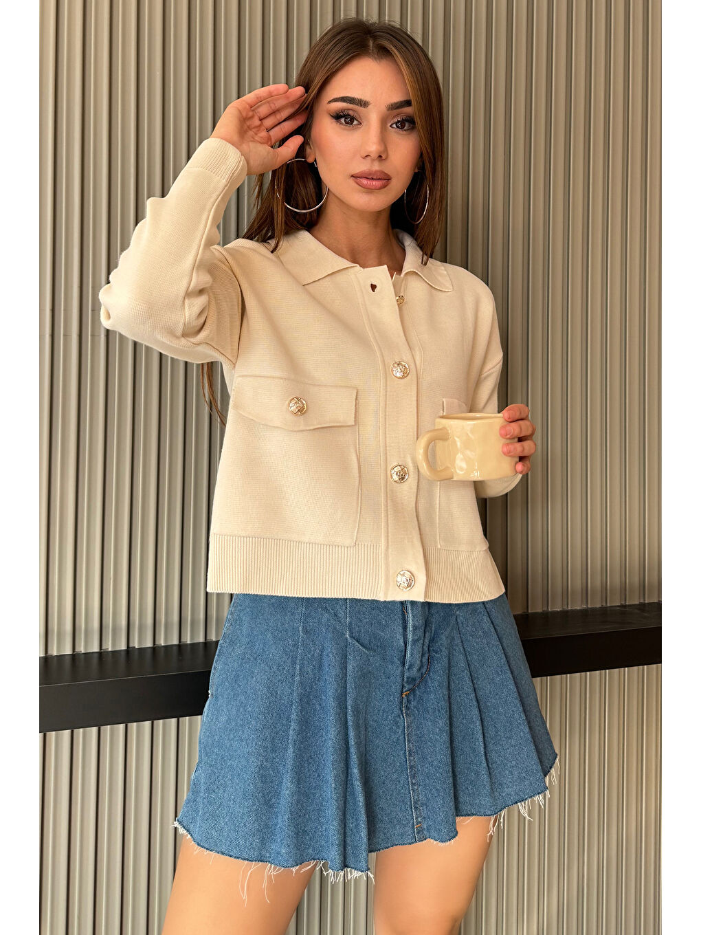 Ekru Kadın Triko Ceket Hırka (s-m-l Beden Uyumludur)