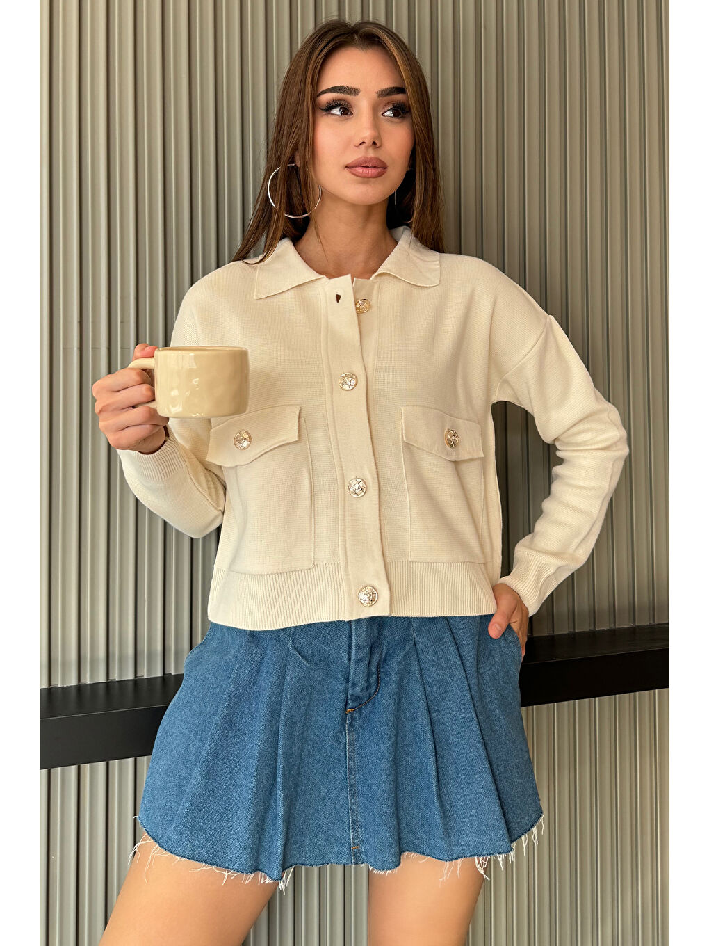 Ekru Kadın Triko Ceket Hırka (s-m-l Beden Uyumludur)-1
