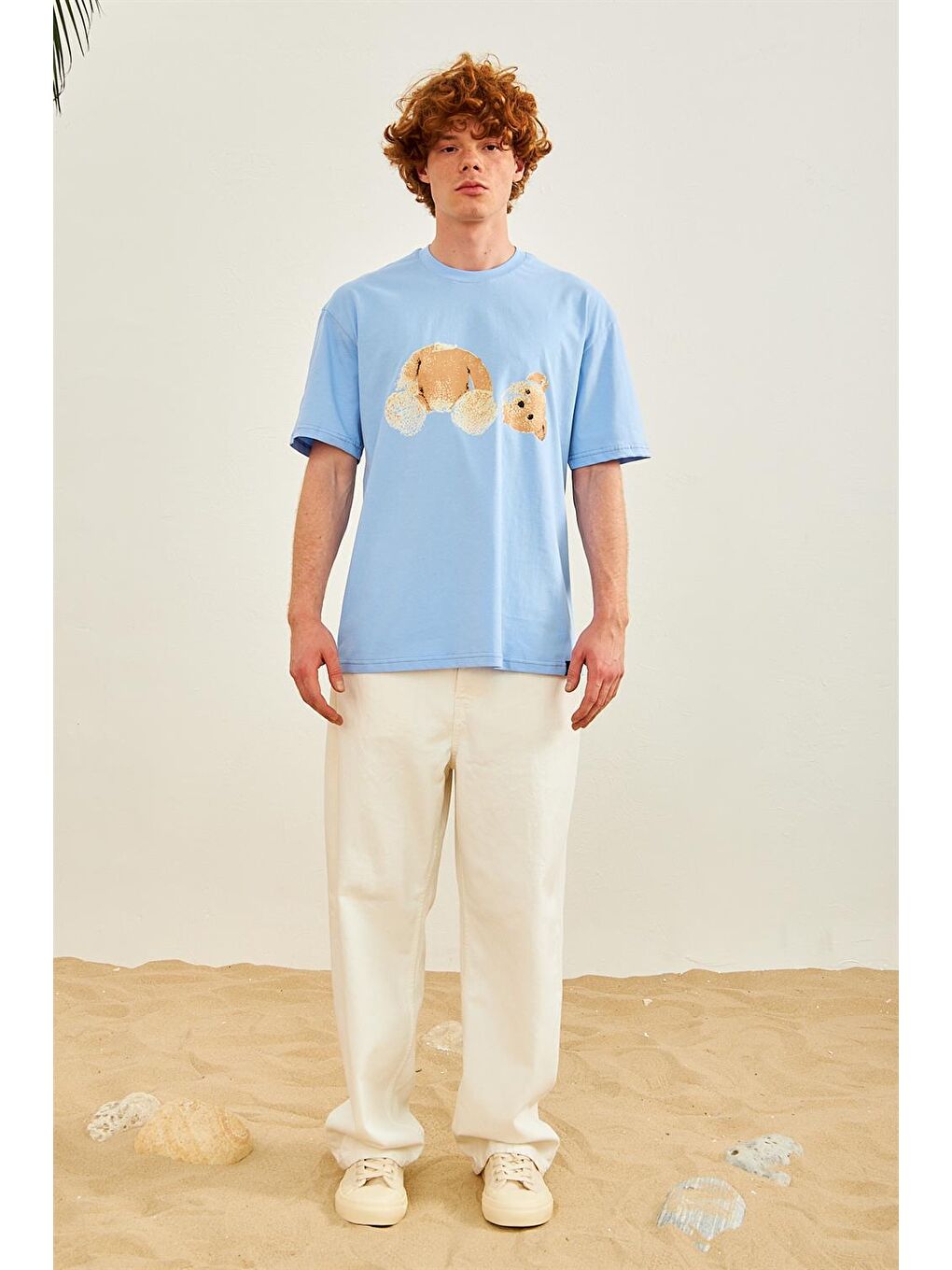 Erkek Ayıcık Baskılı Oversize Tişört Mavi-3