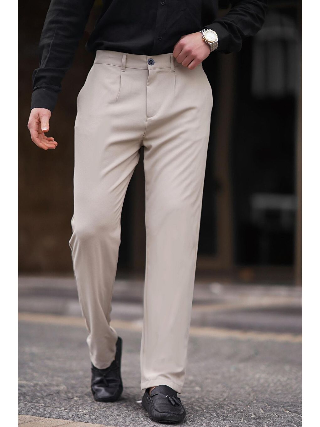 Bej Regular Fit Düz Kesim Yan Cepli Erkek Pantolon 6540-5