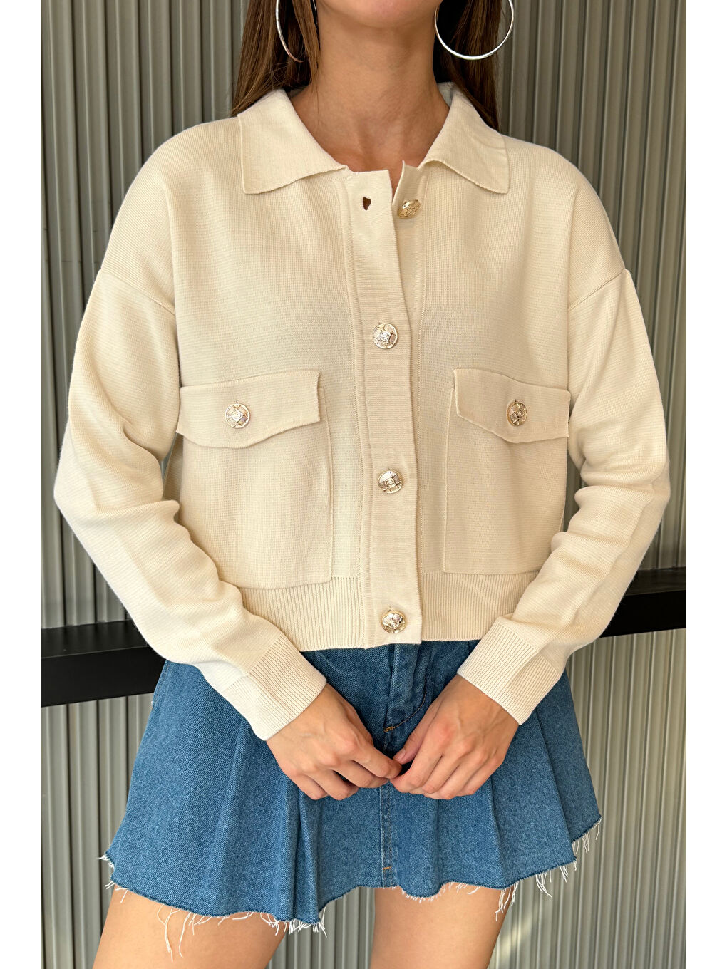 Ekru Kadın Triko Ceket Hırka (s-m-l Beden Uyumludur)-3