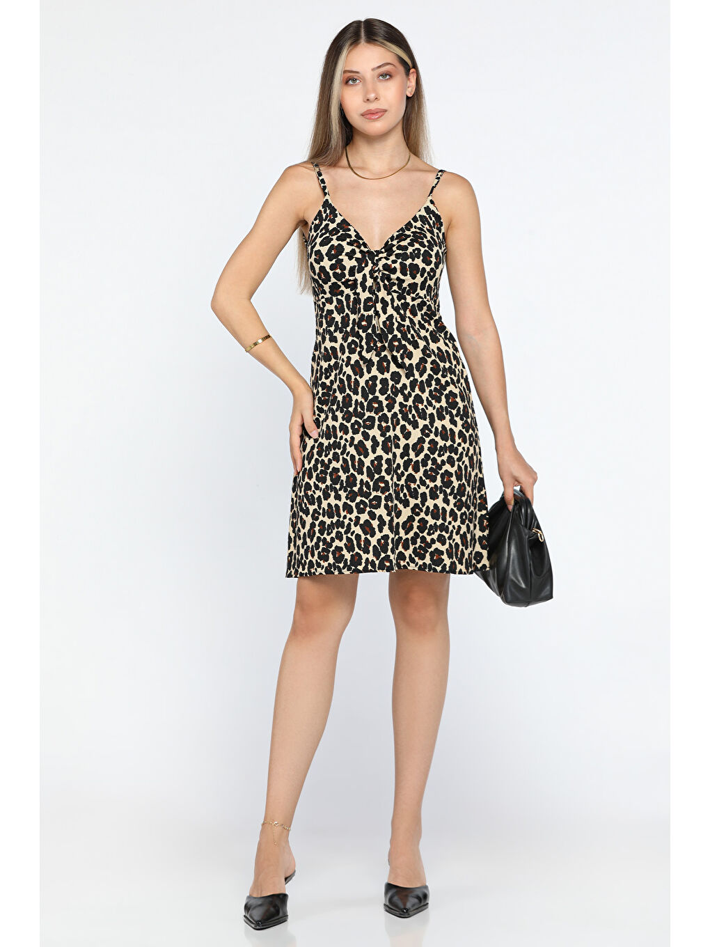 Kahverengi İp Askılı Leopar Desenli Viskon Mini Elbise-1