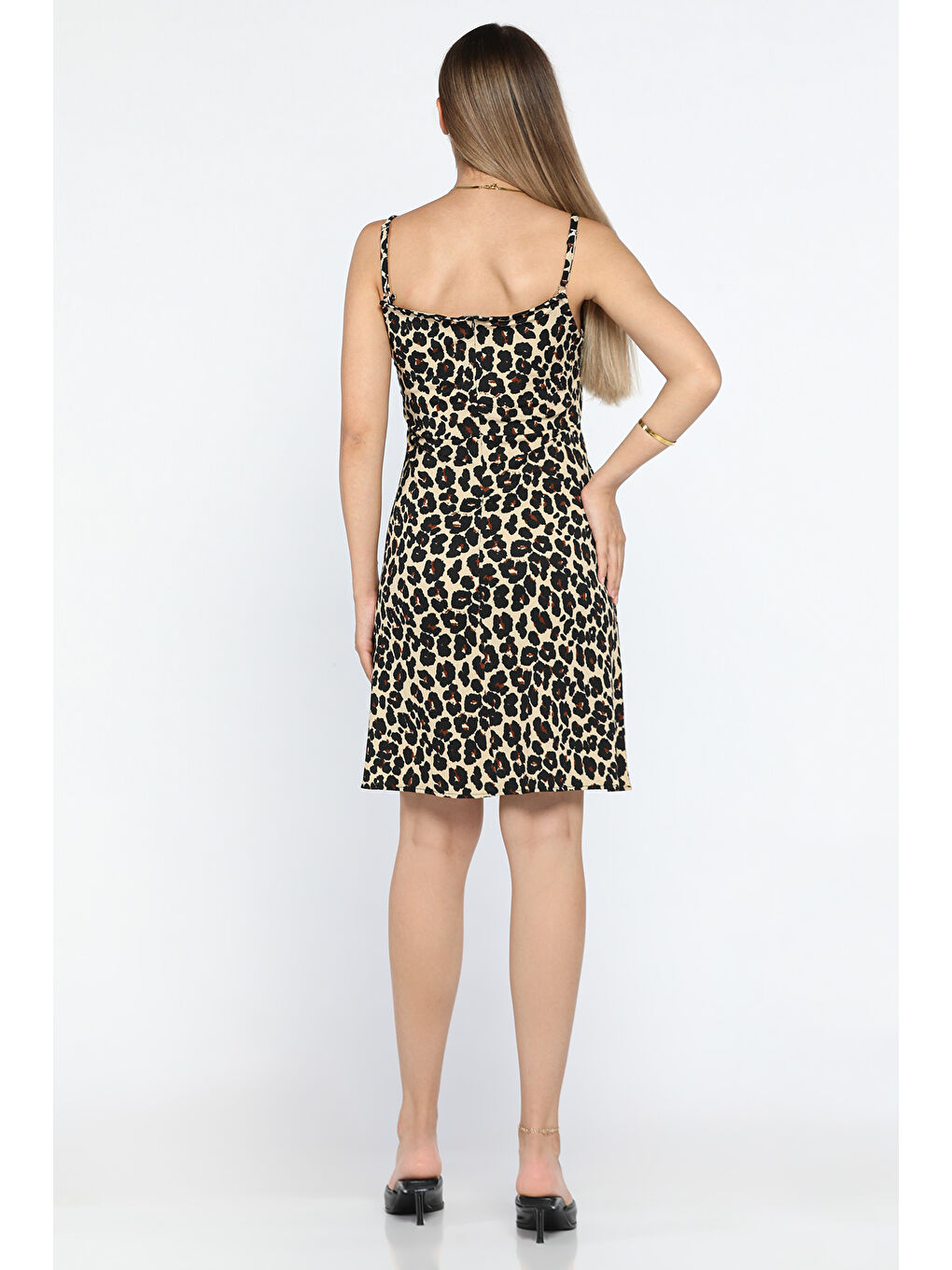 Kahverengi İp Askılı Leopar Desenli Viskon Mini Elbise-2