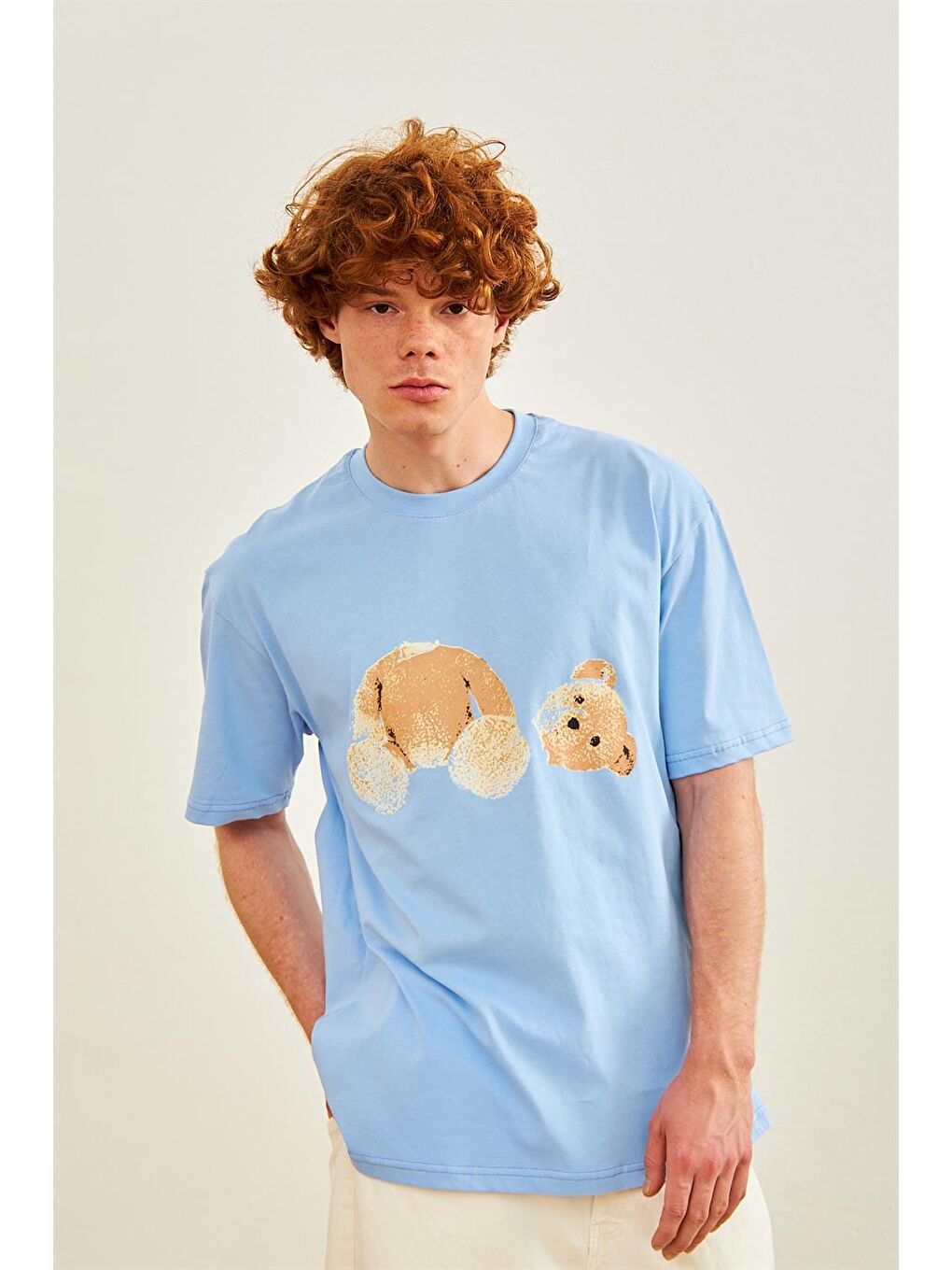 Erkek Ayıcık Baskılı Oversize Tişört Mavi-5