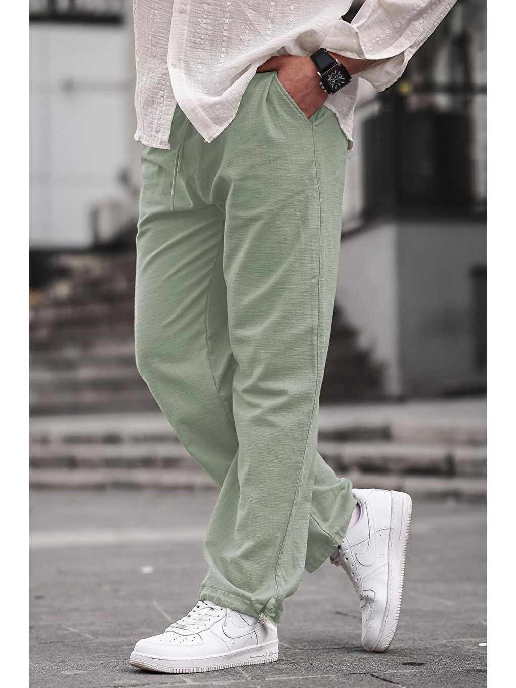 Paça Detaylı Rahat Kesim Erkek Çağla Yeşili %100 Pamuk Pantolon 6532-1