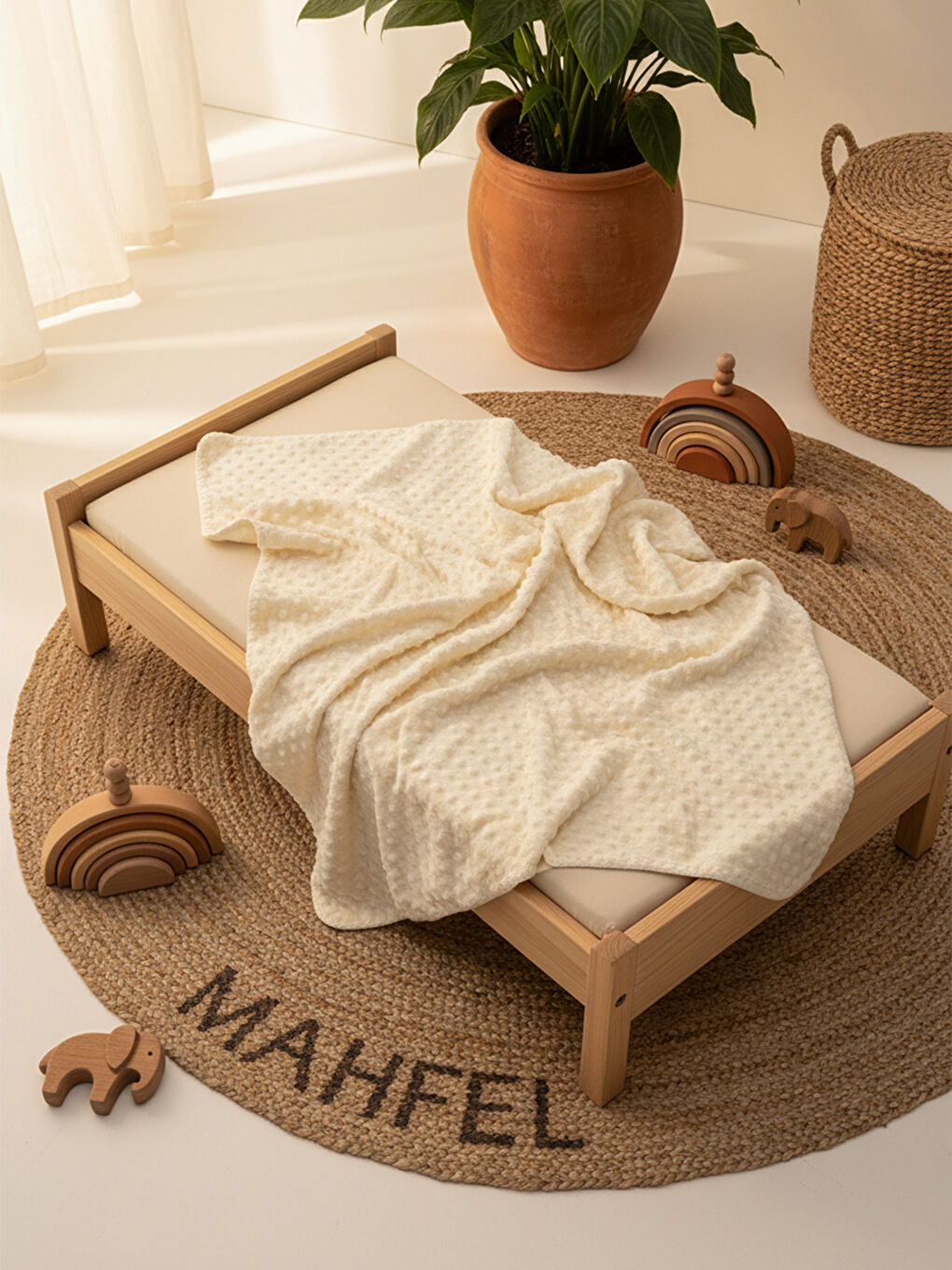 Ekru Nohut Dolgulu %100 Welsoft Bebek Battaniyesi Krem-1